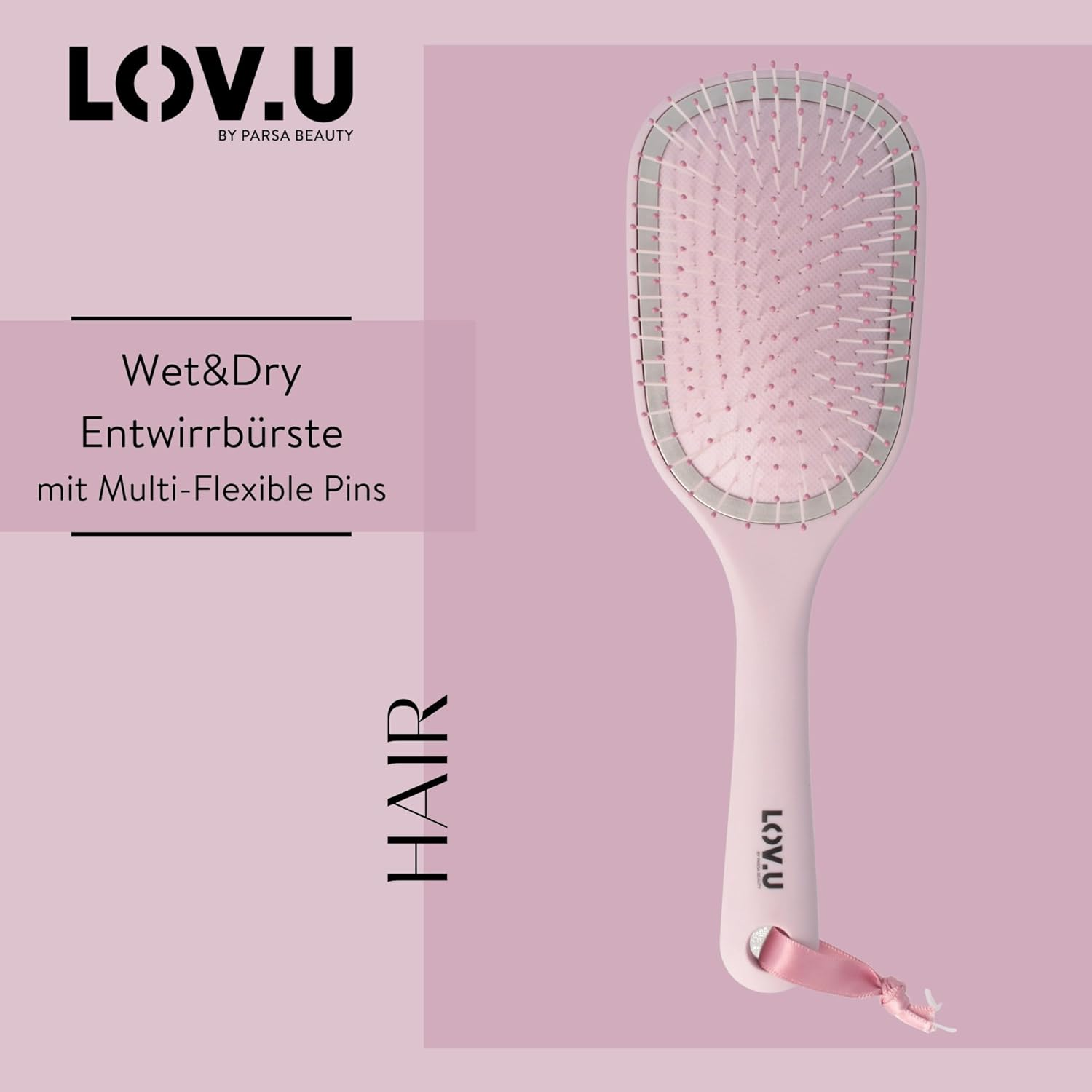 PARSA Beauty LOV.U Detangling Brush Wet & Dry (Pink) - Hair Brush with Multi-Flexible Nylon Pins - Hair Brush - Hair Brush Women - Hair Brush image number 2