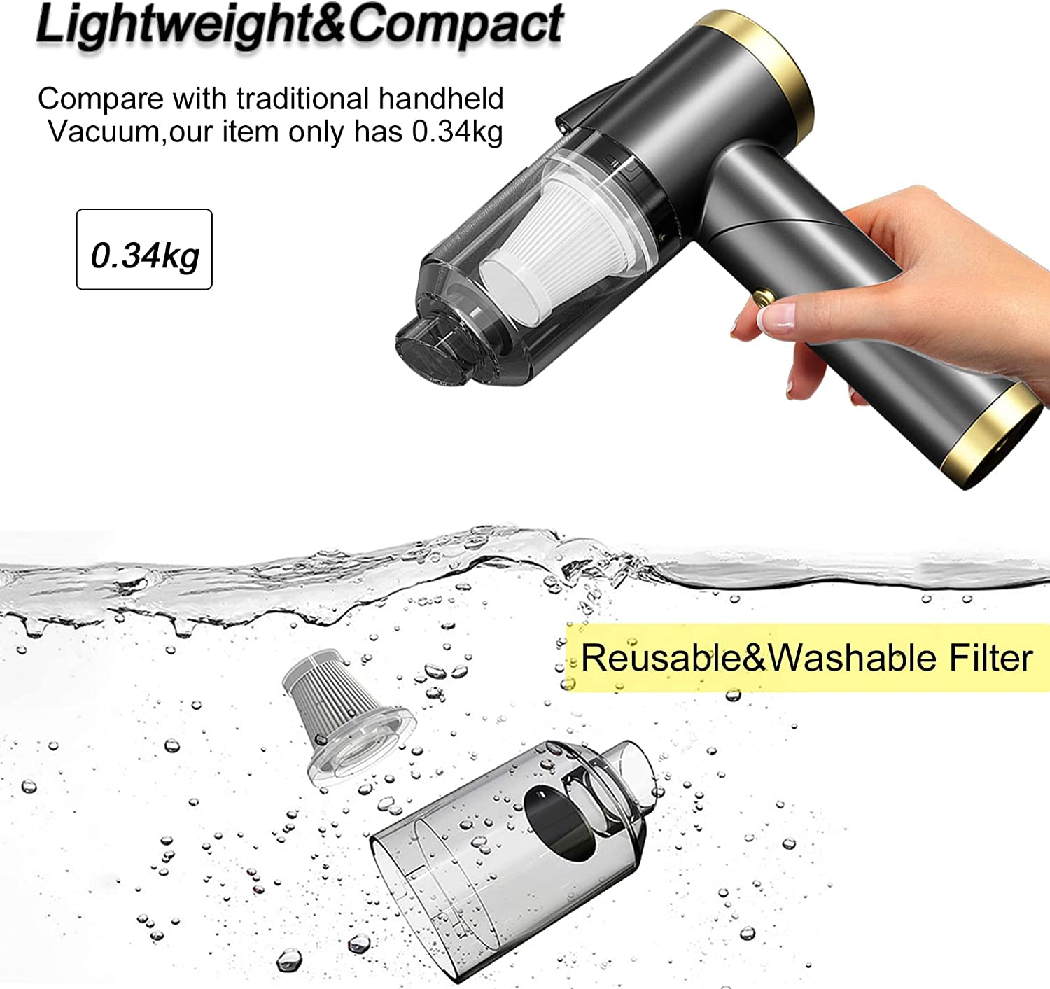 Ekbas Car Vacuum Handheld 9000PA Suction Cleaner with LED Light,Car Cordless Rechargeable,Portable For - White image number 4