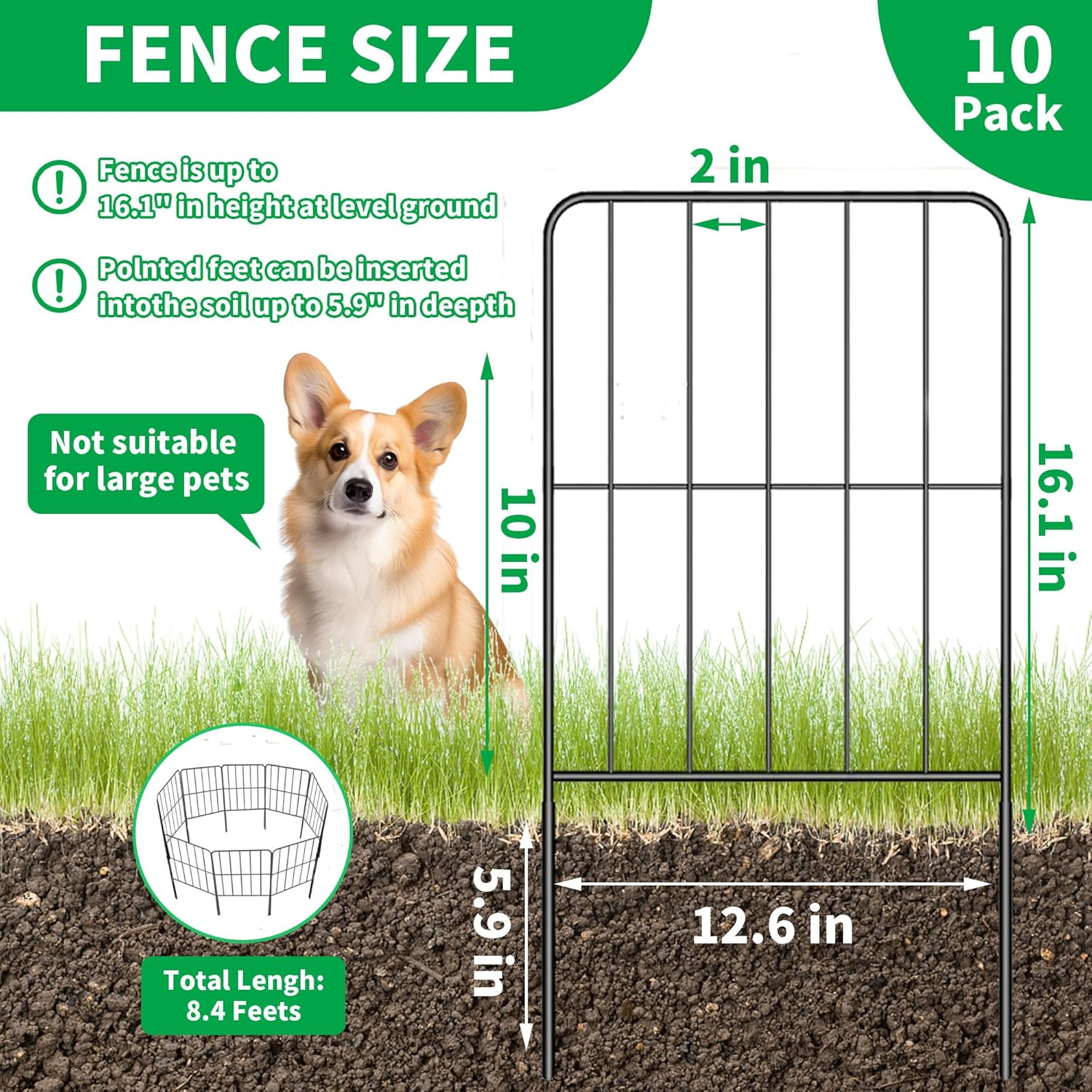 10 Panels Decorative Garden Fence 330Cm (L) X 60Cm (H), Rustproof Metal Wire Fencing Border Animal Barrier, Decorative Garden Fences for Dogs, Flower Bed, Patio, Square Black No Dig Fence image number 4