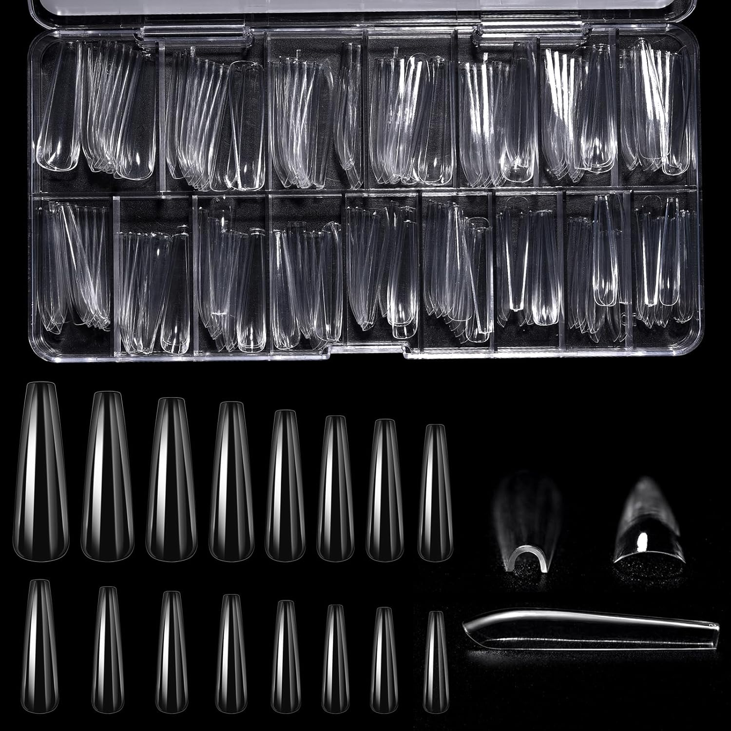 KADS 160Pcs Deep C Curve 16 Sizes Full Cover Nail Tips Clear Pre-Built False Nail Extension Thick Sculpted Acrylic Nail Tip for Flat Nails Deep Curve, Coffin