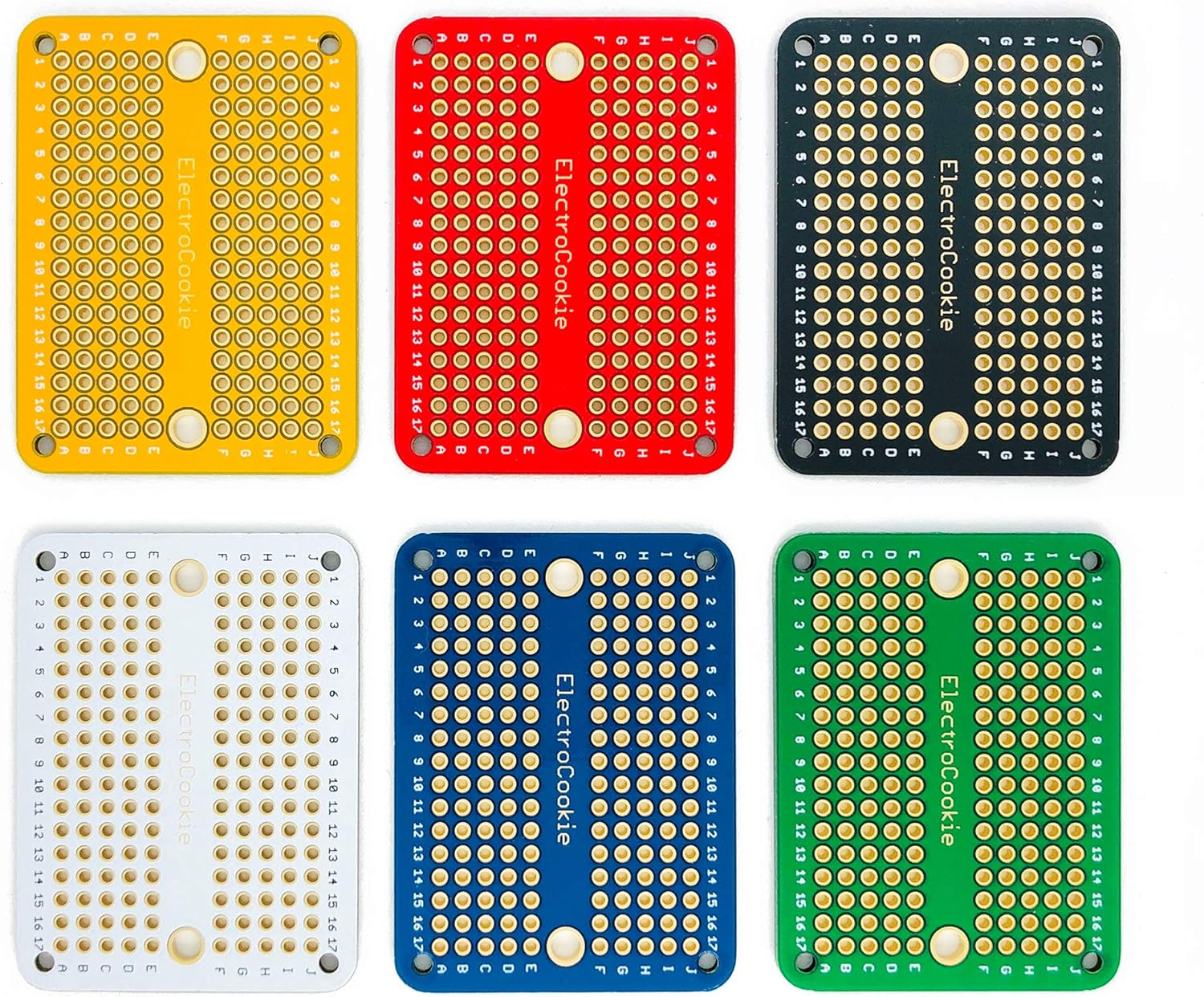 Electrocookie Mini PCB Prototype Board Solderable Breadboard for DIY Electronics, Compatible for Mini Arduino Soldering Projects, Gold-Plated (6 Pack, Multicolor)