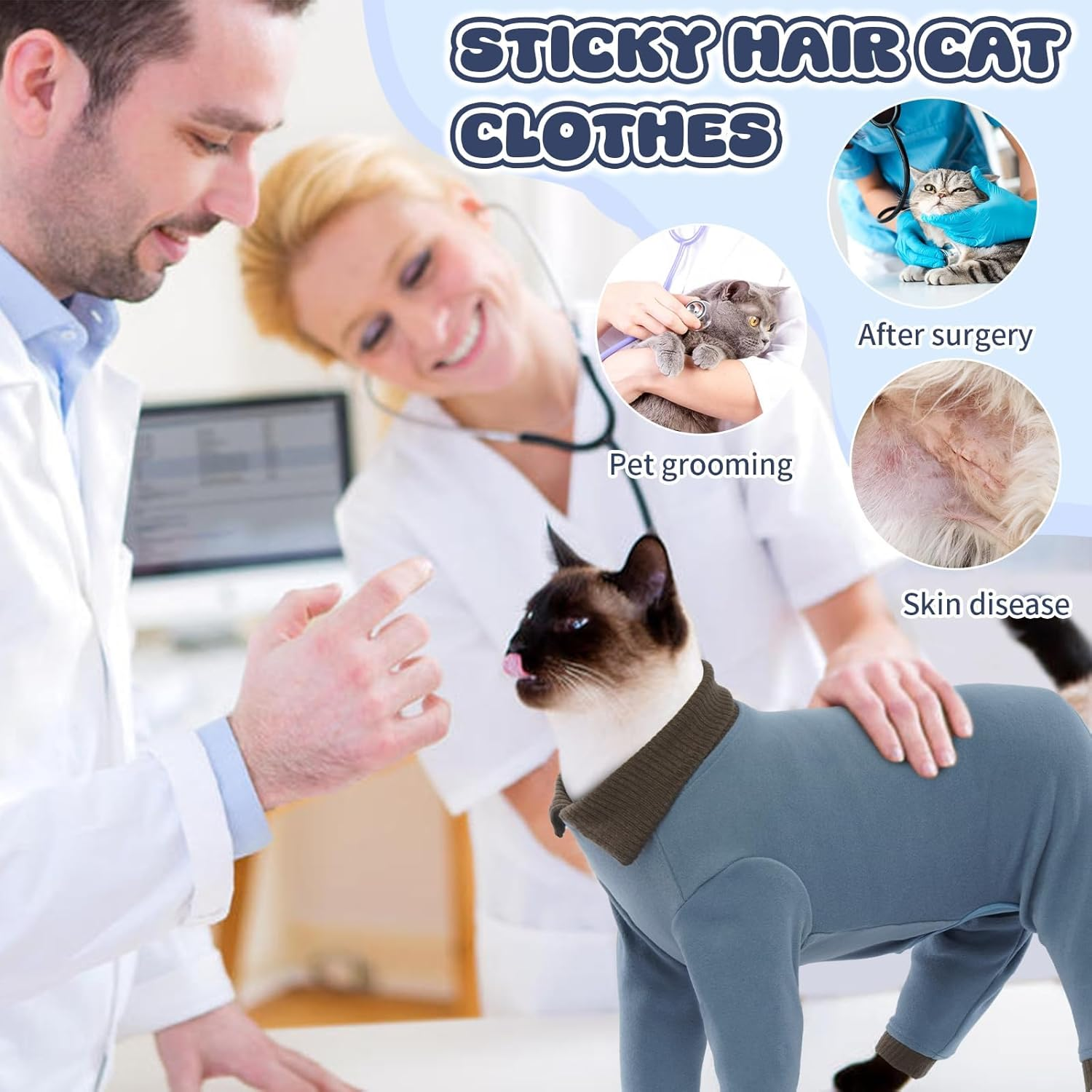 Lelepet Sticky Cat Clothes, Prevent Hair Loss Cat Pajamas, Professional Post-Surgery Onesie for Male & Female Cats, Anti-Shedding Shirt Outfit, Soft Sweaters for Cats, Blue M image number 3