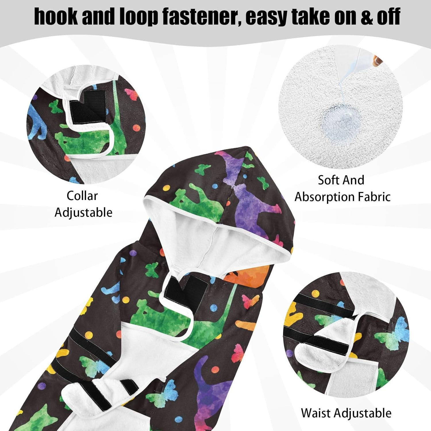 AIXIWAWA Color Silhouette Cats Pet Bathrobe Towels with Adjustable Collar & Waist, Quick Absorbent Drying Coat for Cats and Dogs