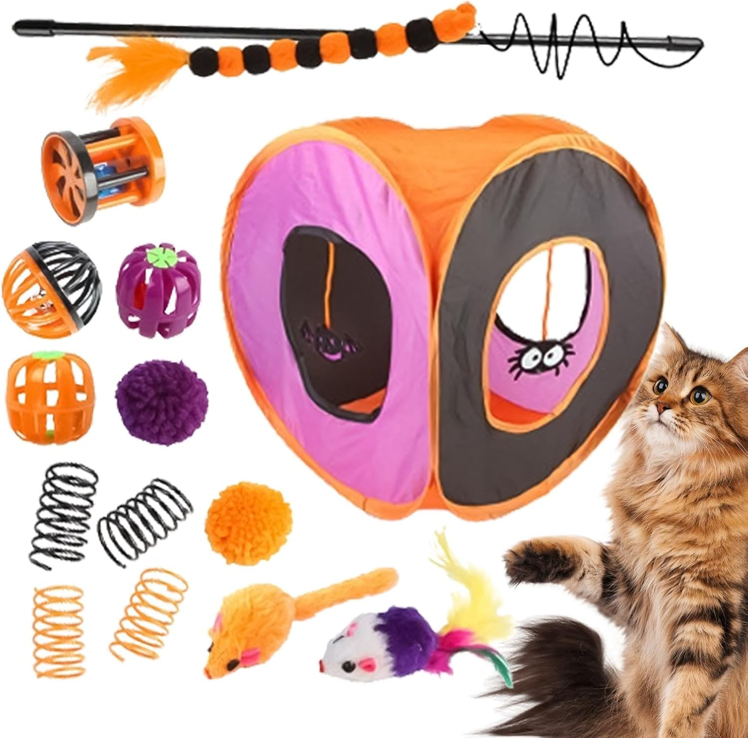 Indoor Cat Toys, Cute Interactive Cat Tunnel, Interactive Feather Ball Spring Toys Cat Cube, Halloween Folding Square Tunnel for Cats and Kitty