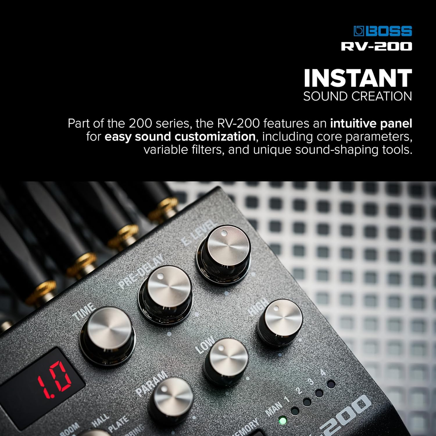 BOSS RV-200 Reverb | Premium Reverb Processing in a Streamlined BOSS 200 Series Effects Pedal Design for Guitar & Other Instruments | 12 Reverb Types Including Arpverb | 127 User Memories image number 1