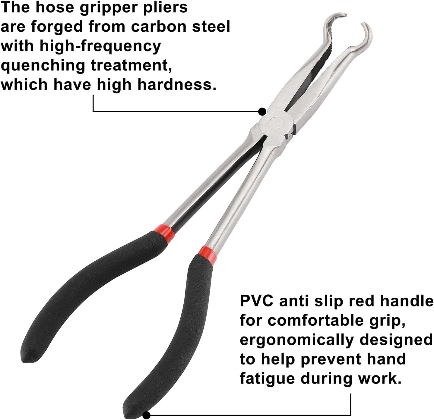 CASOMAN 3Pcs 11" Hose Gripper Plier Set, Black & Red, 5/16-Inch, 1/2-Inch, 3/4-Inch Dia, Offset Spark Plug Boot Removal Pliers Serrated Jaws for Hard to Reach Narrow Spaces image number 3