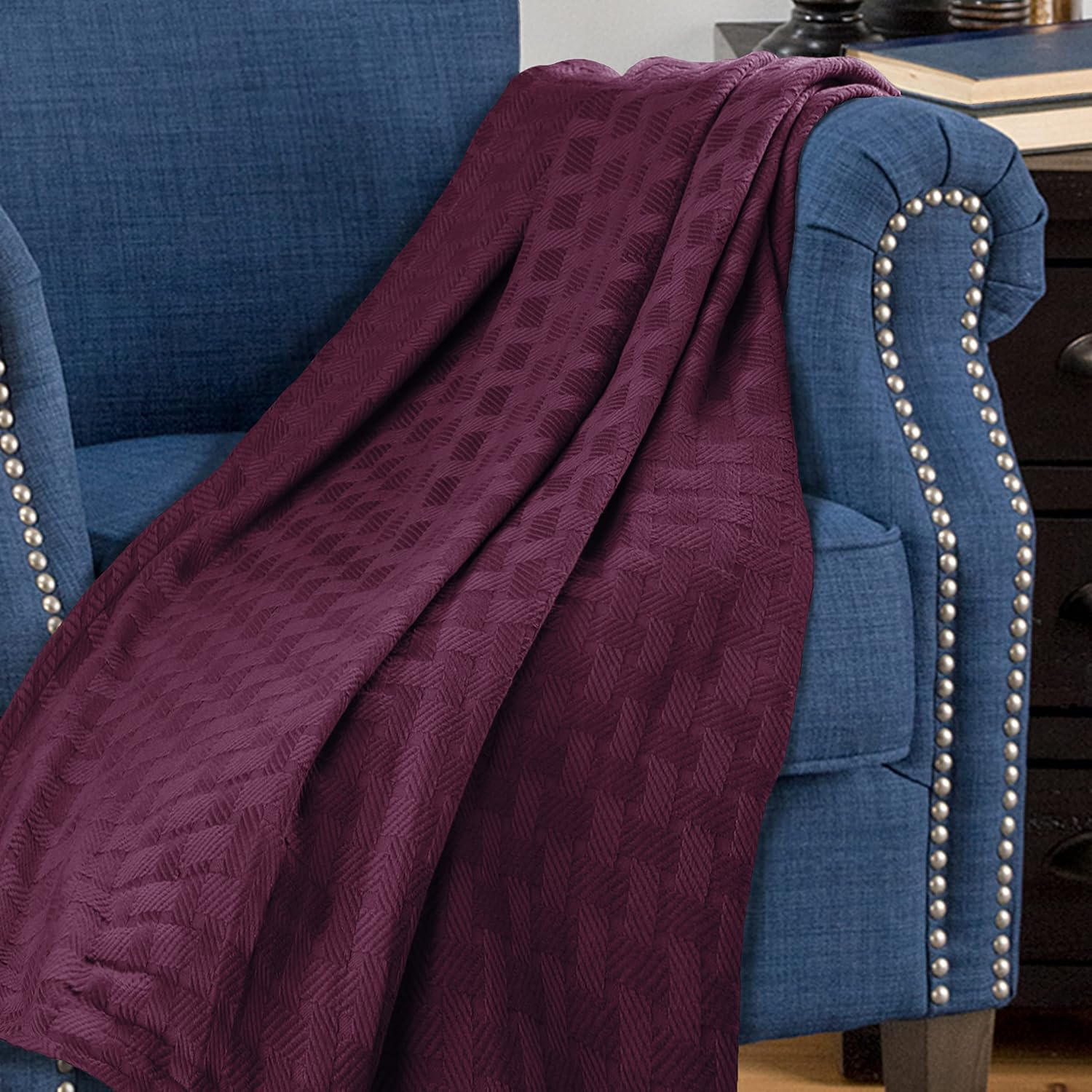 Superior 100% Cotton Thermal Blanket, Soft and Breathable Cotton for All Seasons, Bed Blanket and Oversized Throw Blanket with Luxurious Basket Weave Pattern - King Size, Plum image number 5