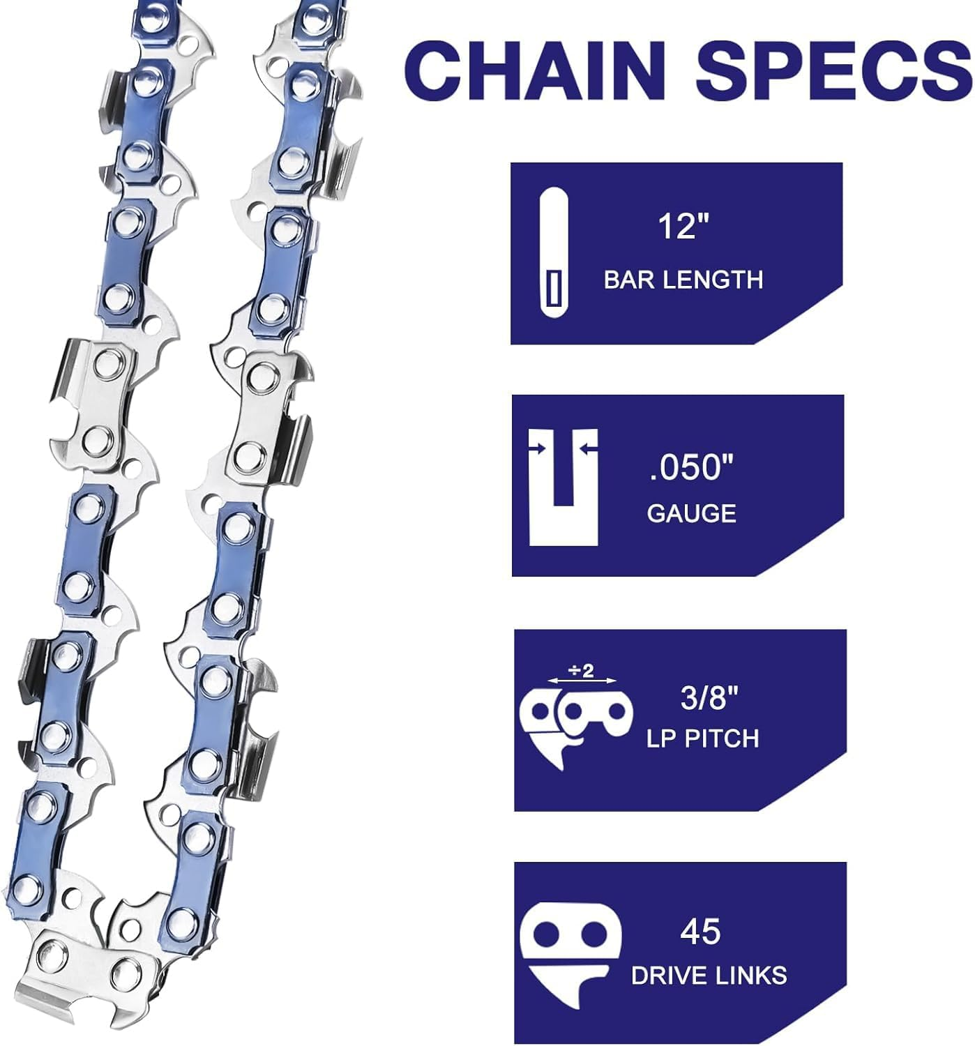 4 Pack 12 Inch Chainsaw Chain 3/8" LP Pitch .050'' Gauge 45 Drive Links Fits Dewalt, Ryobi, Craftsman, Makita and More