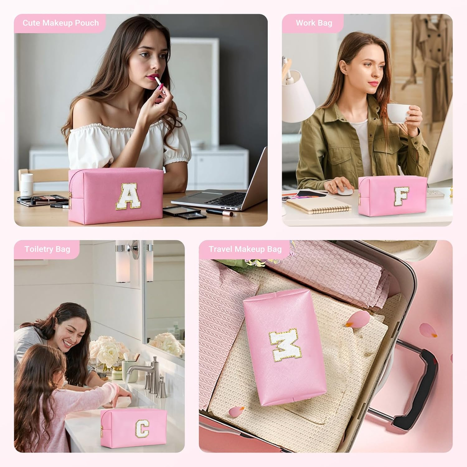 LIAN Initial Makeup Bag Personalized Cosmetic Bags Cute Makeup Pouch Waterproof PU Small Travel Toiletry Bags for Women Preppy Things for Girls (Pink-A) image number 2
