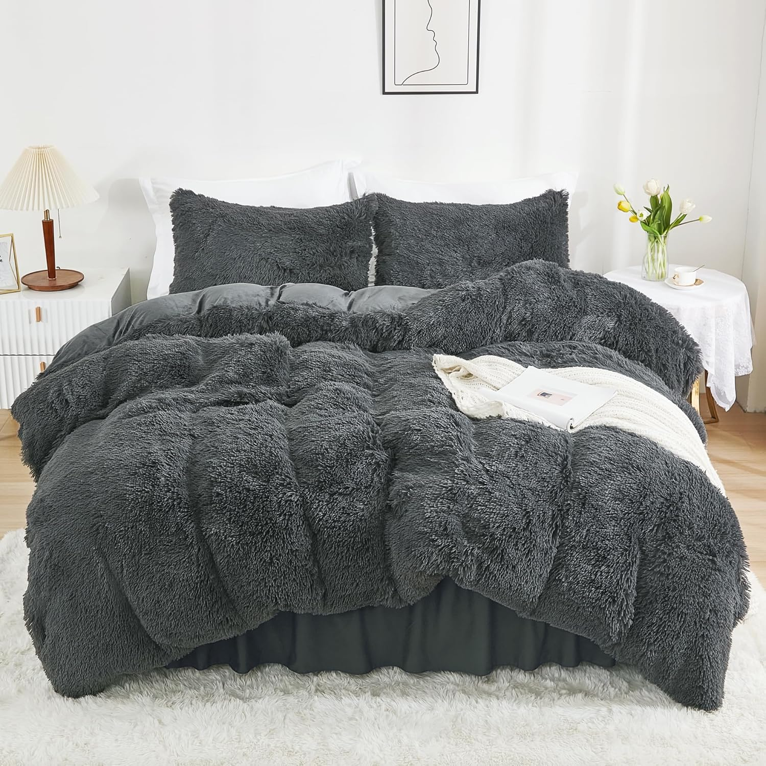Annadaif Plush Shaggy Duvet Cover, Tie Dye Gray White Fluffy Comforter Cover Set Queen Size, Fuzzy Faux Fur Bedding Set with Zipper Closure, Luxury Ultra Soft 3 Pieces (1 Duvet Cover, 2 Pillowcases)