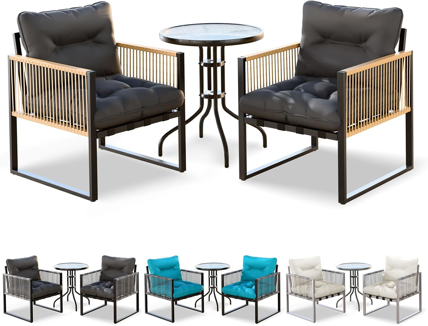 ALFORDSON 3 PCS Outdoor Patio Bistro Set, Lounge Chair & Side Table, Water-Resistant Cushions,Outdoor Table and Chair Set, 2X Armchairs and Semicircle Dia.70Cm, 64Cm(H) Coffee Table, Dark Grey