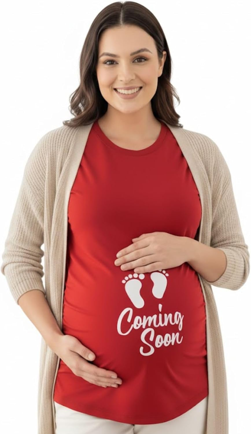 Maternity Tops Essentials with Coming Soon Baby Feetprint Graphics Tees Short Sleeves Side Ruched T-Shirt
