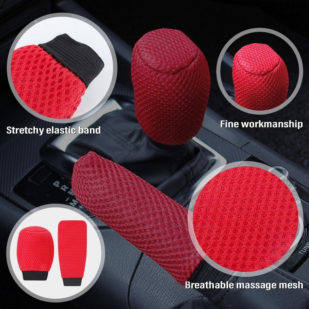 Car Gear Shift Cover + Handbrake Cover,Non-Slip & Breathable Shift Knob Cover Emergency Brake Cover,Universal Car Accessories (Red, One Size)