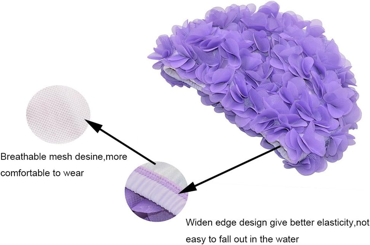 Lace Vintage Swim Cap Floral Petal Retro Style Bathing Caps for Women Rose - Black image number 7