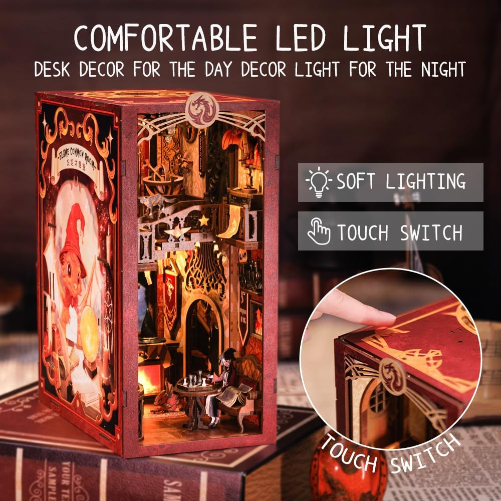 CUTEBEE DIY Book Nook Kit - 3D Wooden Puzzle Miniature Dollhouse with Dust Cover, Bookshelf Insert Decor for Adults (Flame Common Room) image number 4