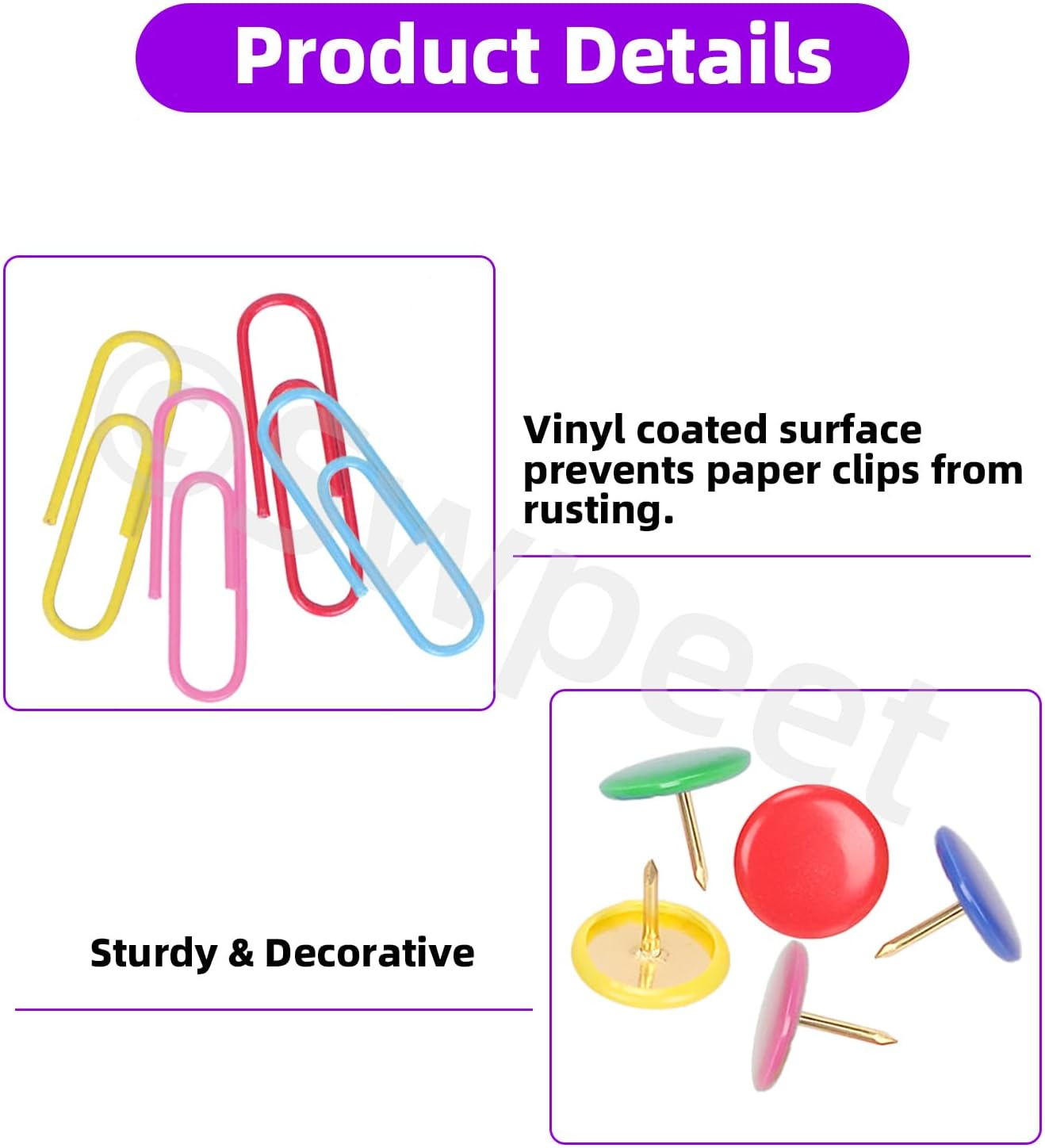 Swpeet 1000Pcs Coloured Vinyl-Coated Flat Thumb Tacks with Paper Clips Assortment Kit, round Head Push Pins Colored Paper Clips for Office School Home image number 5