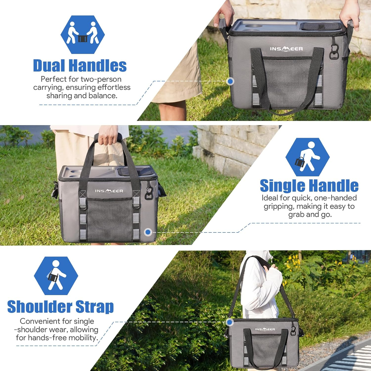 INSMEER Soft Cooler Bag with Hard Shell & 2 Cup Holders, Portable 40L/70 Cans Collapsible Cooler Insulated with Leakproof for Travel, Ice Chests and Coolers for Beach Camping Picnic