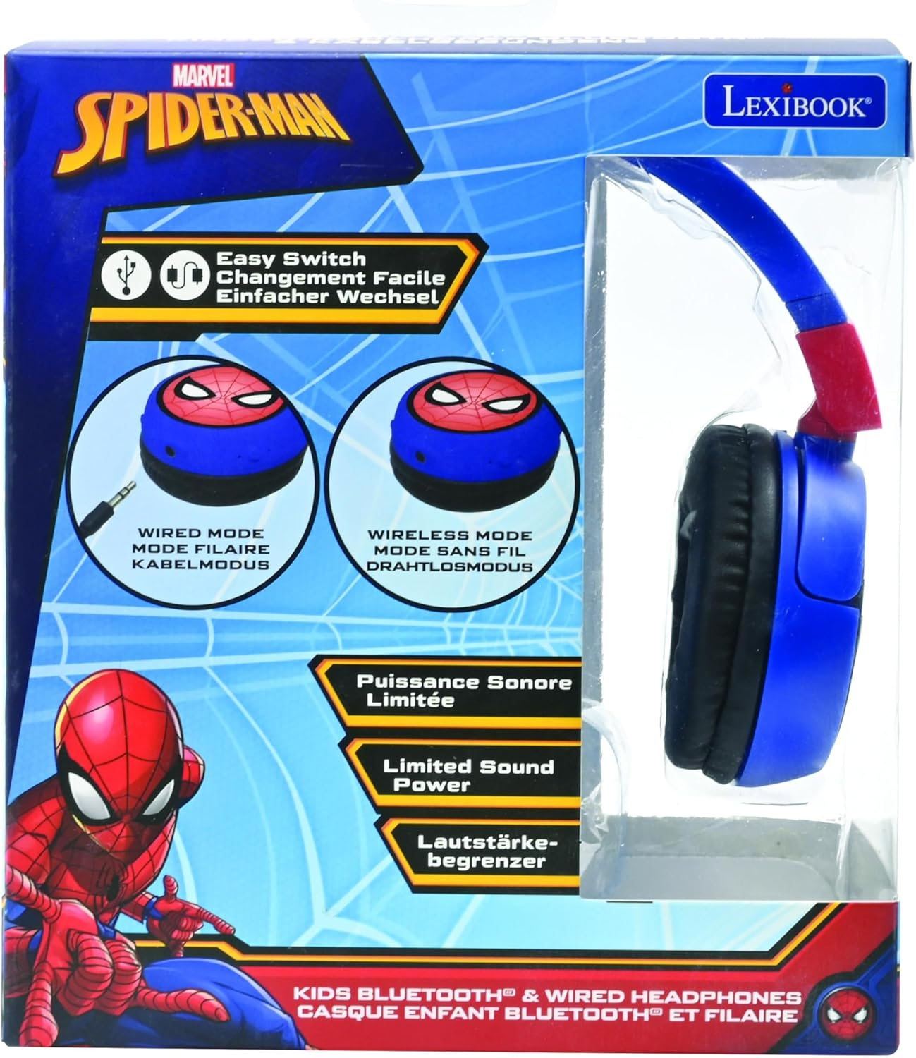 LEXIBOOK, Spiderman, 2-In-1 Bluetooth Headphones Stereo Wireless Wired, Kids Safe for Boys Girls, Foldable, Adjustable, Red/Blue, HPBT010SPLXB image number 4