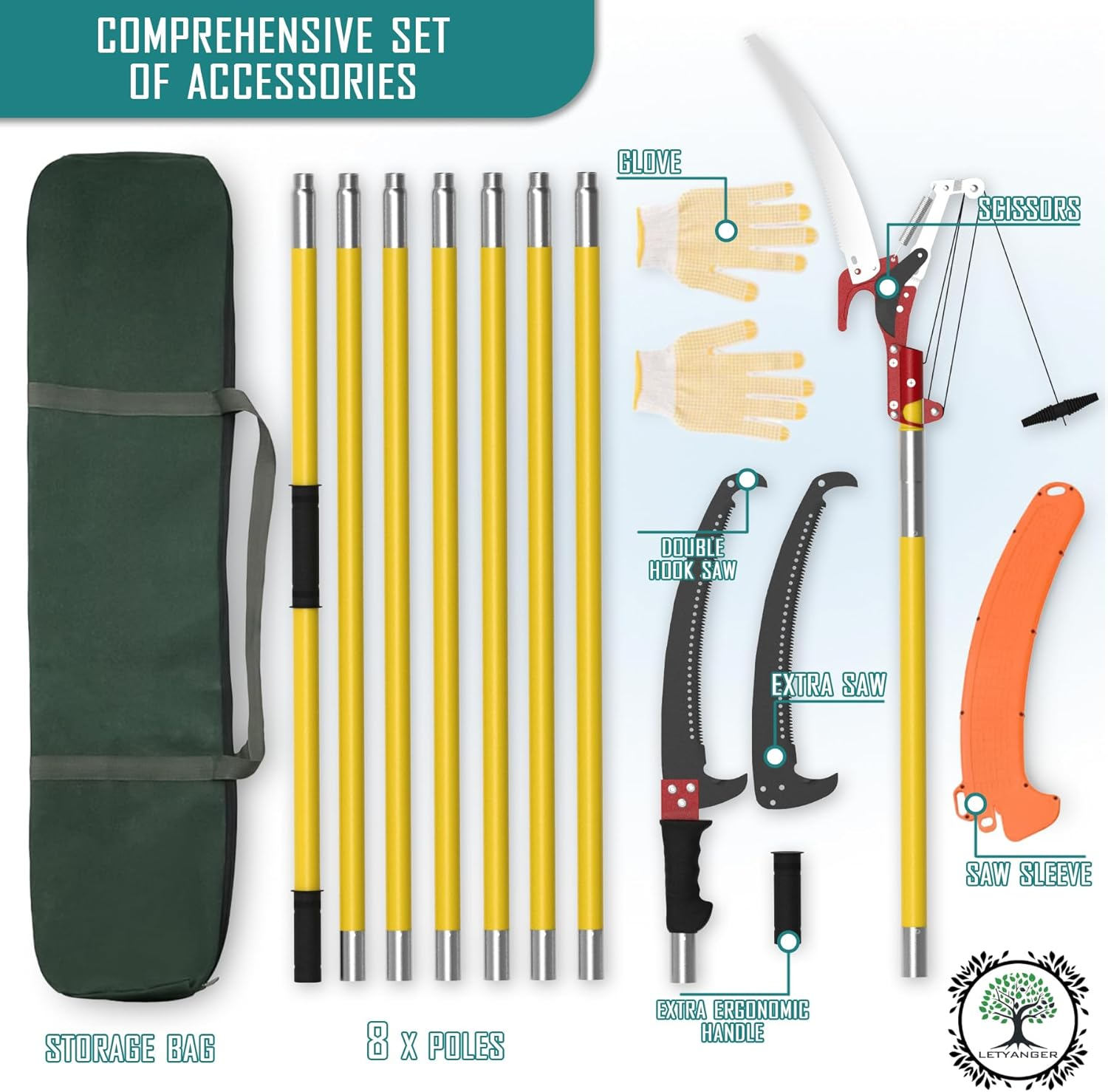 LETYANGER Pole Saws for Tree Trimming, 7.3-27 Ft Extendable Tree Trimmers Long Handle Pruner, Sharp Steel Blade and Scissors High Branches Trimming, Tree Pruner, Tree Saw image number 2