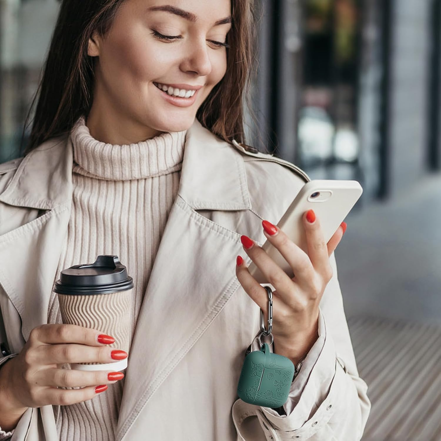 Ouwegaga Compatible with Apple Airpods 4Th Generation Case Cover(2024), Soft Silicone Flower Print Engraved Full Protective Cover for Airpods 4 Case (USB-C) with Keychain for Women Men, Pine Green image number 3