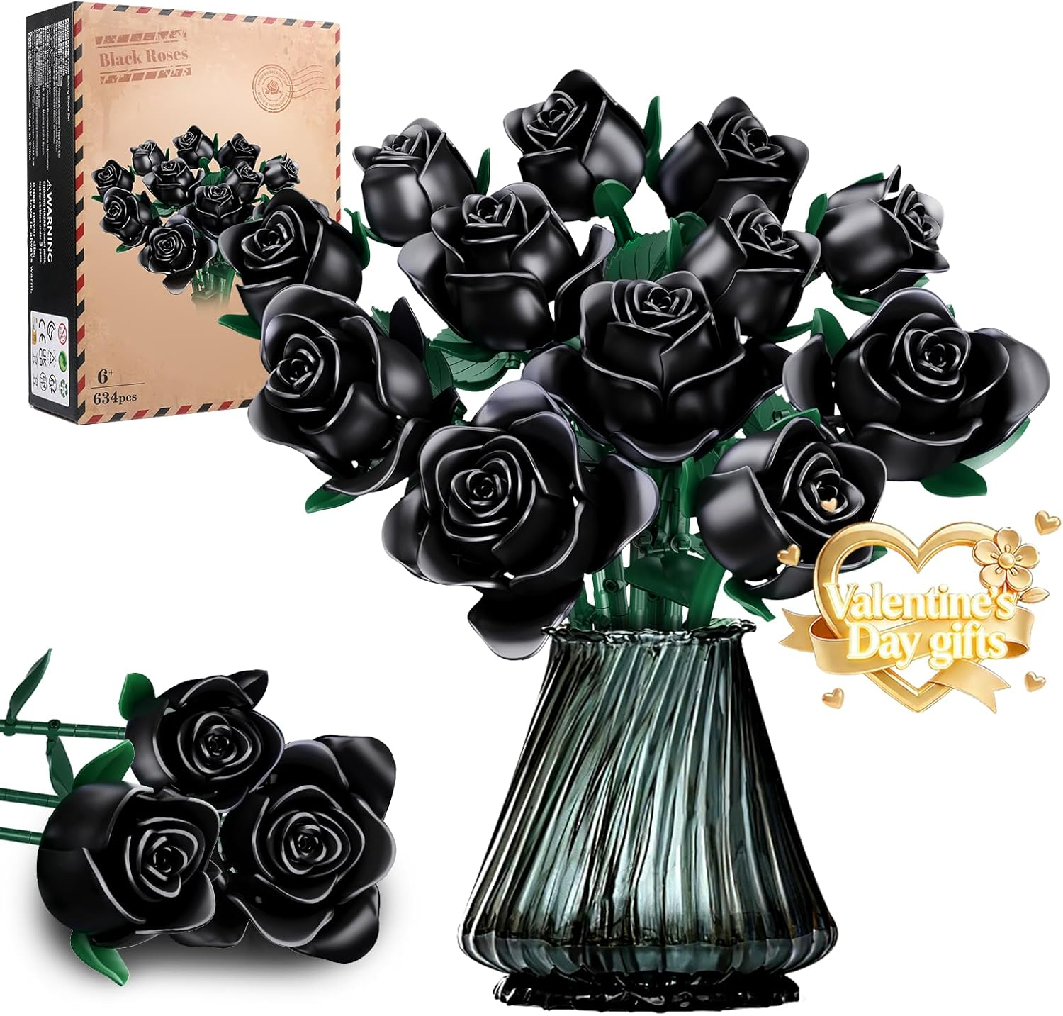 Bouquet Building Kit, 12 Artificial Black Roses Botanical Collection Building Block Educational Toy Gift for Girls Children Women Valentine'S Day Mother'S Day Halloween Christmas Gift, 634 Pieces image number 6