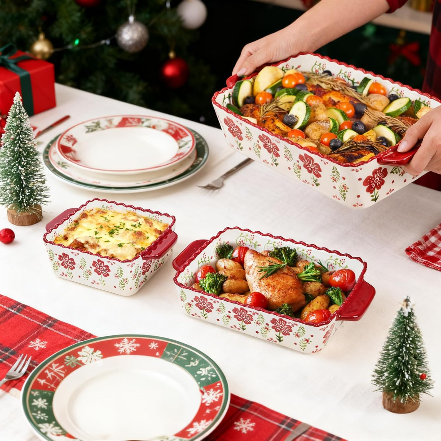 Coloch 3 Pack Ceramic Baking Dishes, Rectanglar Bakeware Set Hand-Painted Lasagna Pan Porcelain Serving Bakeware for Pasta, Chicken, Kitchen, Banquet, Microwave and Dishwasher Safe image number 6