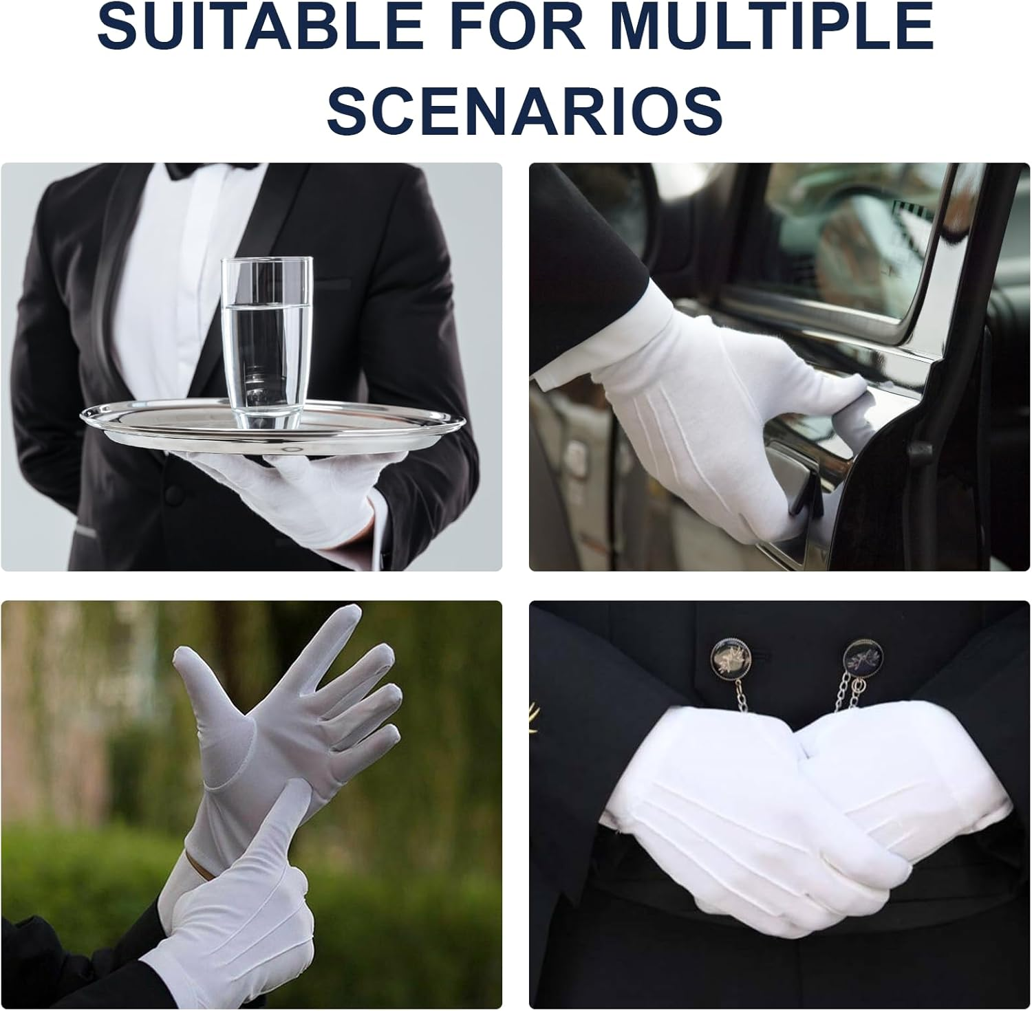 2 Pairs White Gloves for Handling Wedding Dress, Fancy Dress and Jewelry, Stitched Nylon Gloves, White, One Size