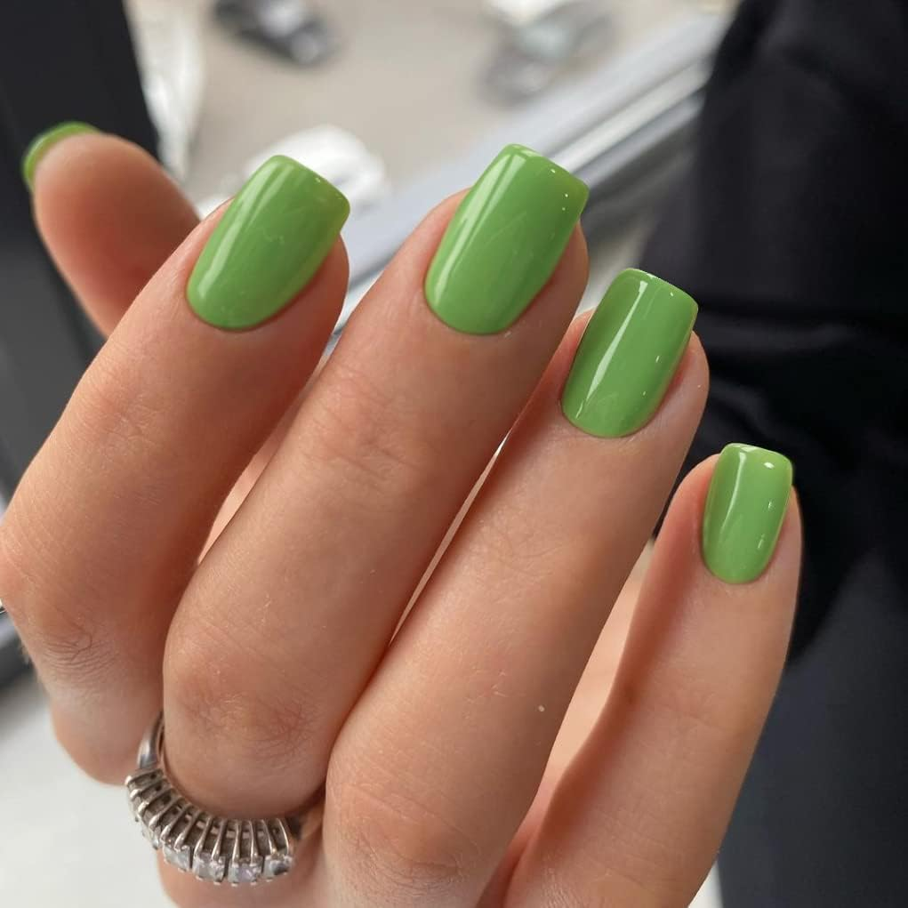 KXAMELIE Feather Light Green Nails for Gluing Medium Short Square Nail Studio Coffin Fake Nails Plain Seamless Soft Gel Fingernails for Women and Girls Press-On image number 1
