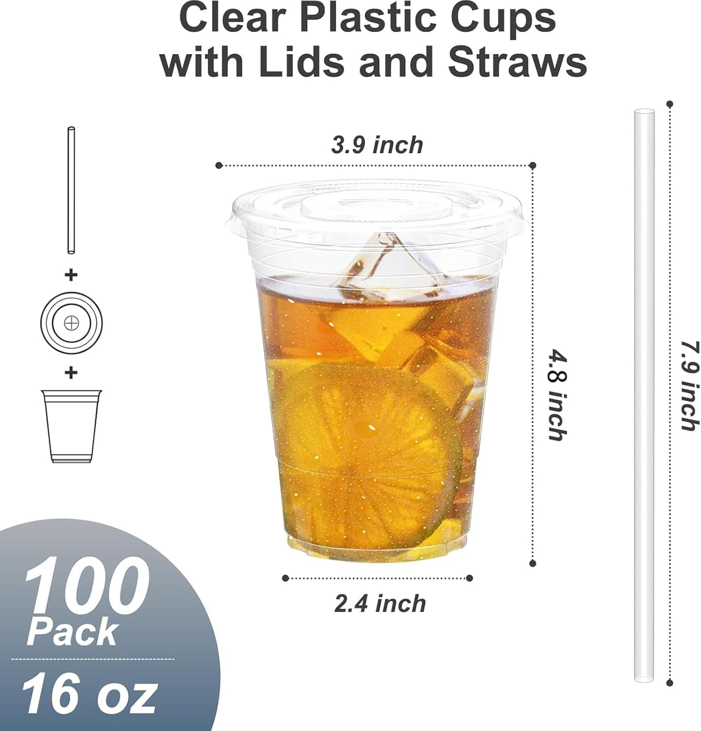100 Pack 16Oz Plastic Cups with Lids and Straws, Reusable Clear Plastic Cups with Lids for Iced Coffee, Smoothie, Milkshake and Cold Drinks，Durable,Bpa Free, Recyclable image number 3