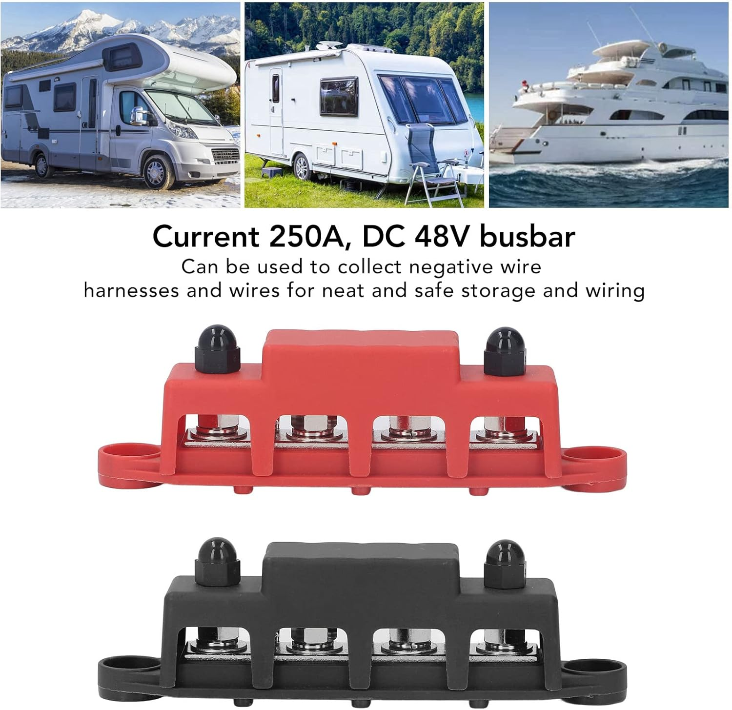 HISUEKIG Power Distribution Block, 4 Terminal Bus Bar M8 Screw 250A DC 48V, for Car Boat Marine, Brass Zinc Alloy ABS Materials, Neatly Store and Wire, Reliable Working, Wide Applications image number 3