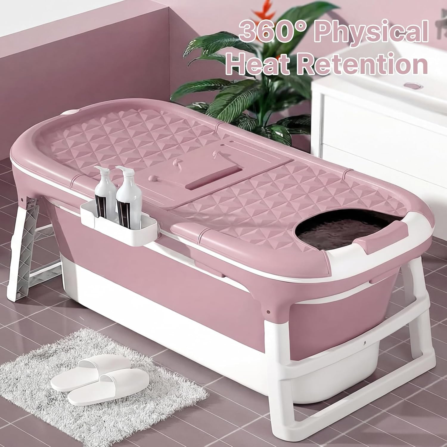 USOR 120Cm Foldable Bathtub for Adults, Portable Soaking Bath Tub with Insulated Cover, Thickened PP/TPE Collapsible Spa Tub for Small Bathroom & Indoor Outdoor Pink image number 1