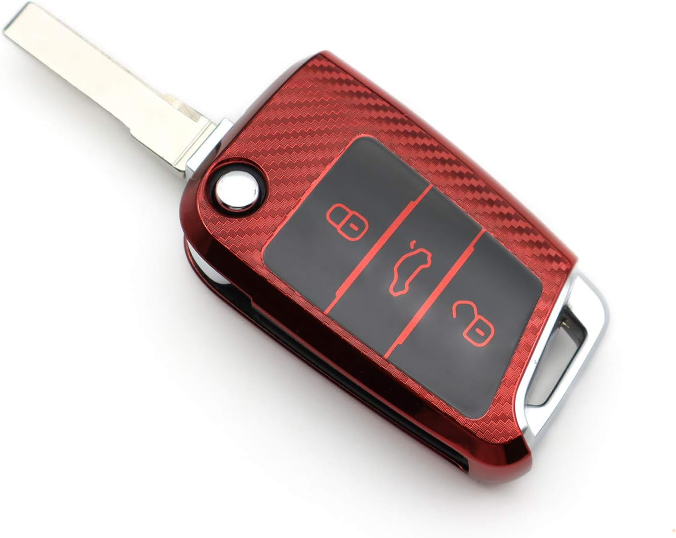 M.Jvisun Soft Carbon Fiber Finish Car Key Fob Cover for Volkswagen Atlas Golf Jetta Polo for Tiguan for Skoda Kodiaq Karoq for Audi A1 for Seat Ateca Leon Flip Key TPU Case with Keychain - Red