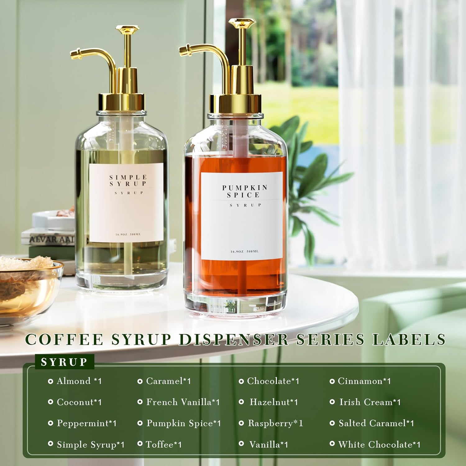 Coffee Syrup Dispenser for Bar Accessories，Coffee Pump Dispenser, Glass Syrup Bottle with Gold Pumps and 20 Labels, 16.9 Oz 500 Ml, Set of 2 - 2 Pack image number 4