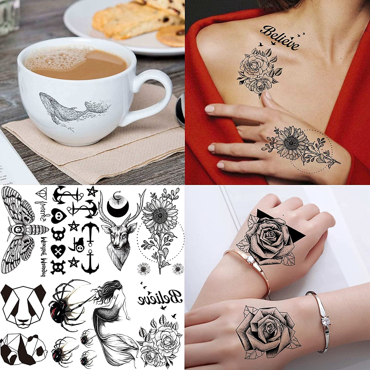 6 Sheets 3D Small Black Temporary Tattoos &ndash; Waterproof Fake Tattoo Stickers for Women, Men | Realistic Tiny Temporary Tattoos Stickers, Flower, Star, Birds Designs for Arms, Neck & Face image number 5