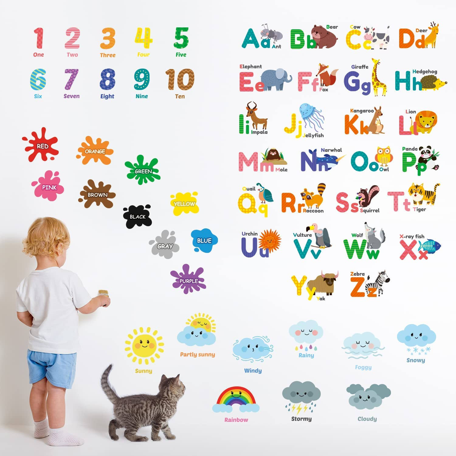 DECOWALL DSL-8070 Animal Alphabet Numbers Colour Weather Kids Wall Stickers Decals Playroom Letters Decor Bedroom ABC Nursery Classroom Toddlers Learning Educational Baby Rainbow Colorful image number 1