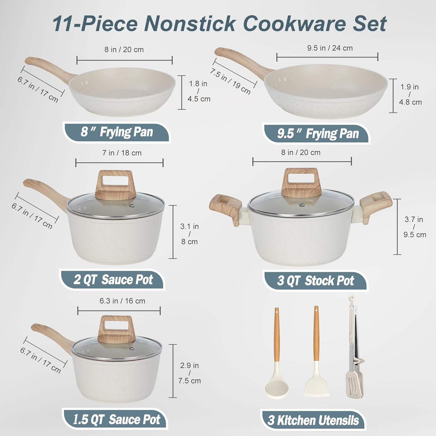 SHEUMNT 11Pcs Pots and Pans Set, Nonstick Cookware Sets, White Granite Induction Cookware Non Stick Cooking Set W/Frying Pans & Saucepans image number 3