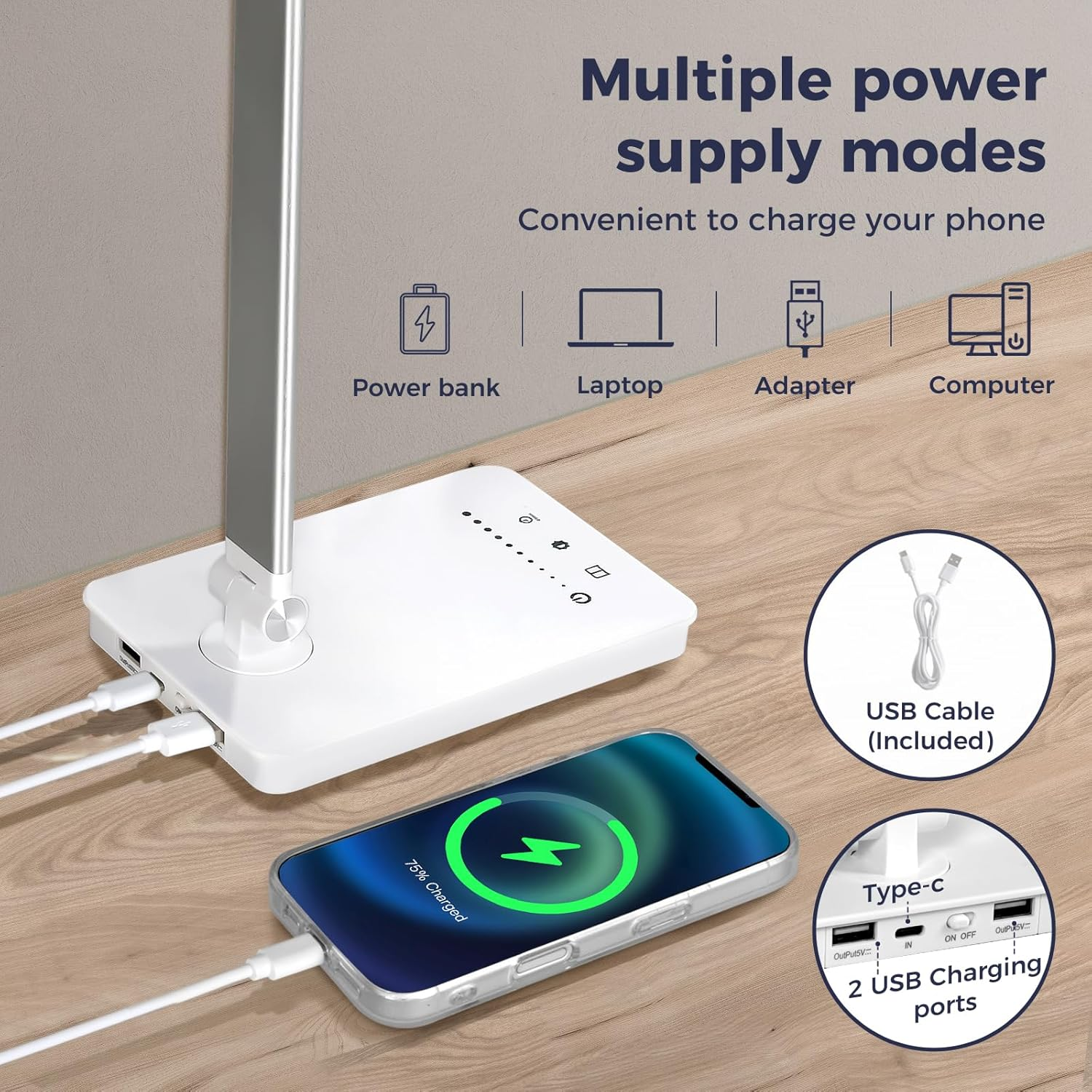 Emitto Desk Lamp for Home Office, Light Eye Caring Foldable Adjustable, USB Rechargeable Reading Light,Touch Control with 5 Color Modes&10 Brightness Level, for Kids Reading Studying, White image number 1