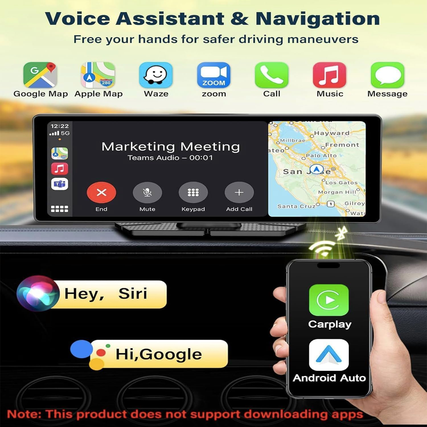 4K Carplay Screen for Car Apple Carplay Screen Tablet for Car with 350&deg; Rotatable Camera 10.26" Android Auto Brightness Wireless Carplay Navigation Dual Bluetooth Vioce Control Bracket (Black) image number 2