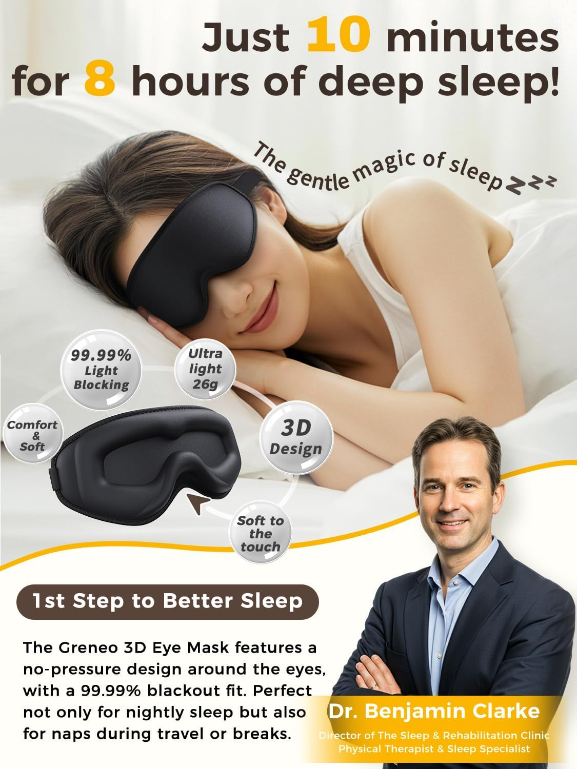 3D Sleep Mask [Side-Sleeper Friendly & 99.99% Blackout] Zero-Gravity Eye Masks for Sleep, Eye Mask Breathable, Sleeping Expert Certified, Washable & Light, for Women Men Travel/Airplane - Black image number 2