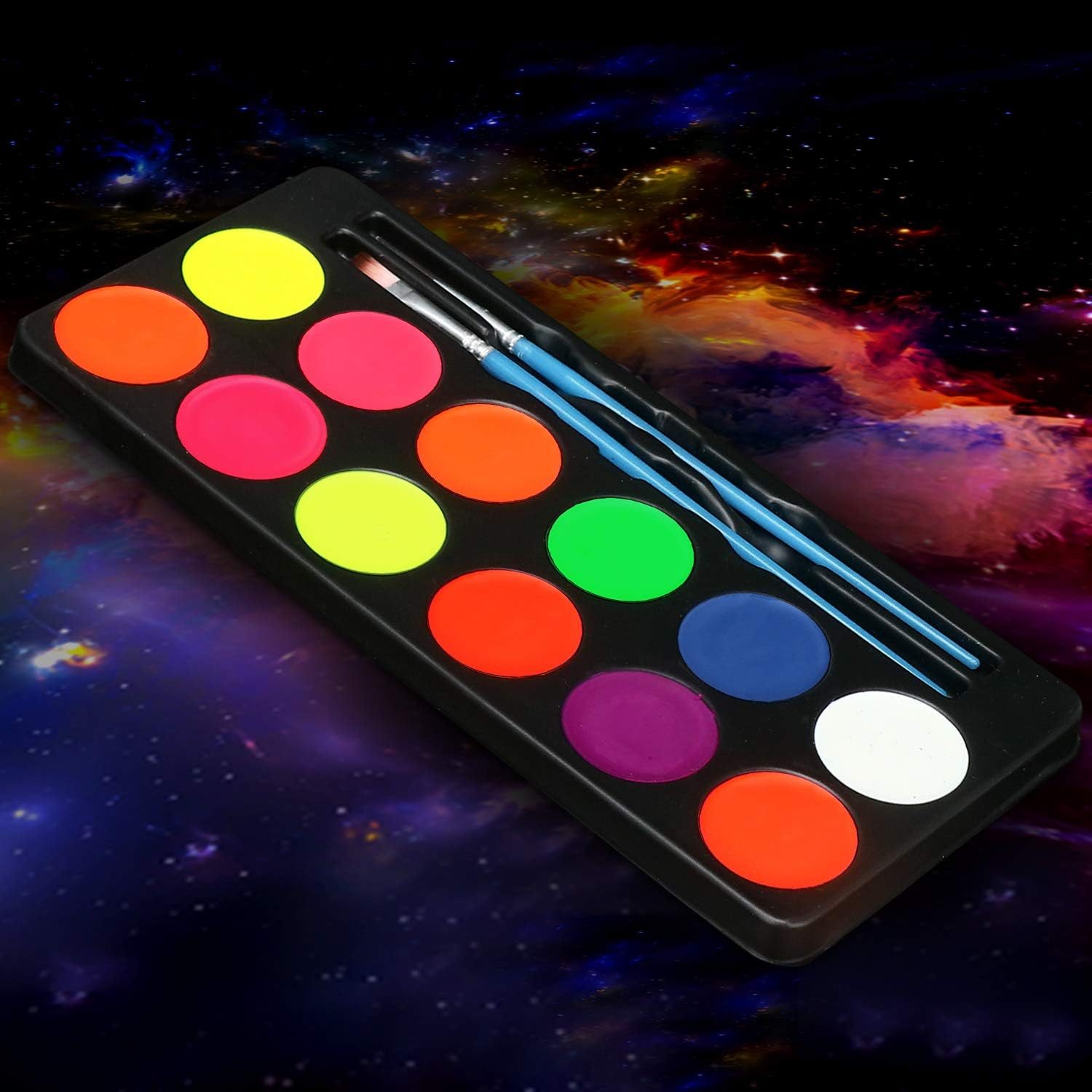 Maydear Face Painting Kit for Kids with Safe and Non-Toxic Water Based 12 Colors UV Fluorescent Face Paint, 40 Stencils & 2 Brushes image number 3