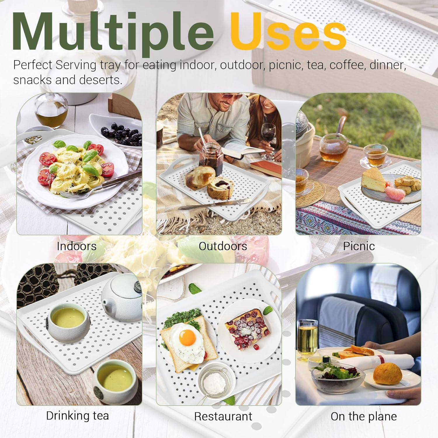 Chihutown 3PCS Non Slip Food Serving Tray with Handles, 16.5/ X11.4/ White Platters for Serving Food, Rectangle Food Service Tray, Food Trays for Party Kitchen (White) LTZ001 image number 2