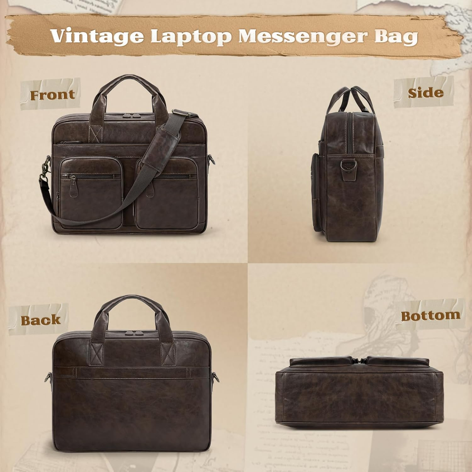 Lubardy Messenger Bag Men Vintage PU Leather Laptop Bag 15.6 Inch Briefcases for Men Work Computer Bag Waterproof Briefcase