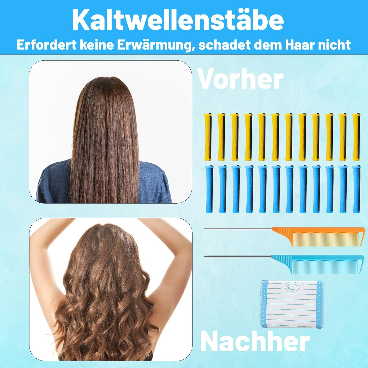 Set of 48 Perm Rollers, Small Curlers, Small Perm Set, Complete 0.35/0.27 Inch Hair Perm Rods, Perm Rods with Steel Spit Duck Comb for Long, Short Hair, Styling Tool, Blue/Yellow image number 1