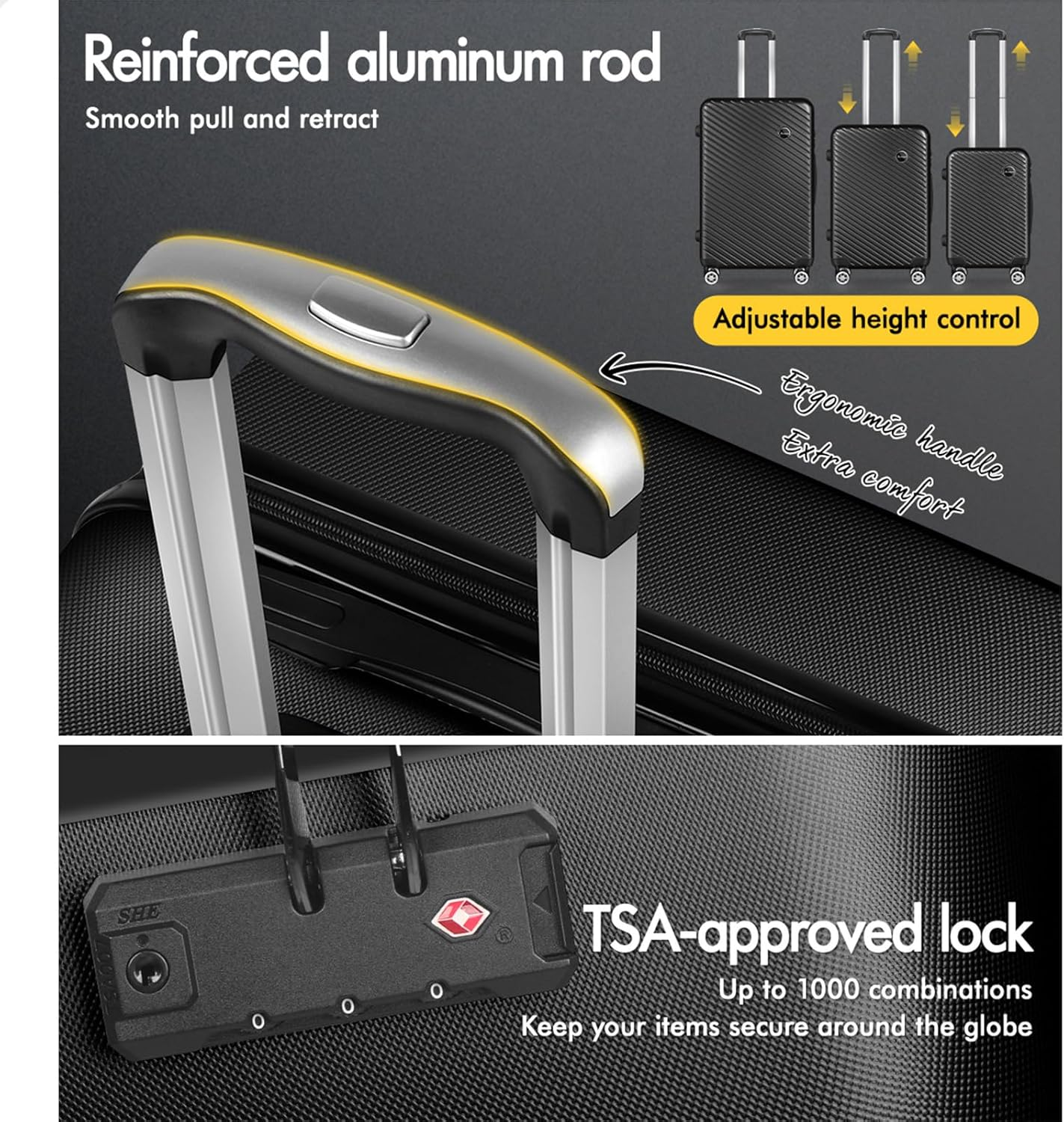 ALFORDSON 3Pcs Hardside Luggage Set 20" 24" and 28" Black Color Timothy Series, Hardshell Suitcases Setting with TSA Lock & Wheel Spinners, Carry-On & Checked Baggages 3-Piece Pack image number 2