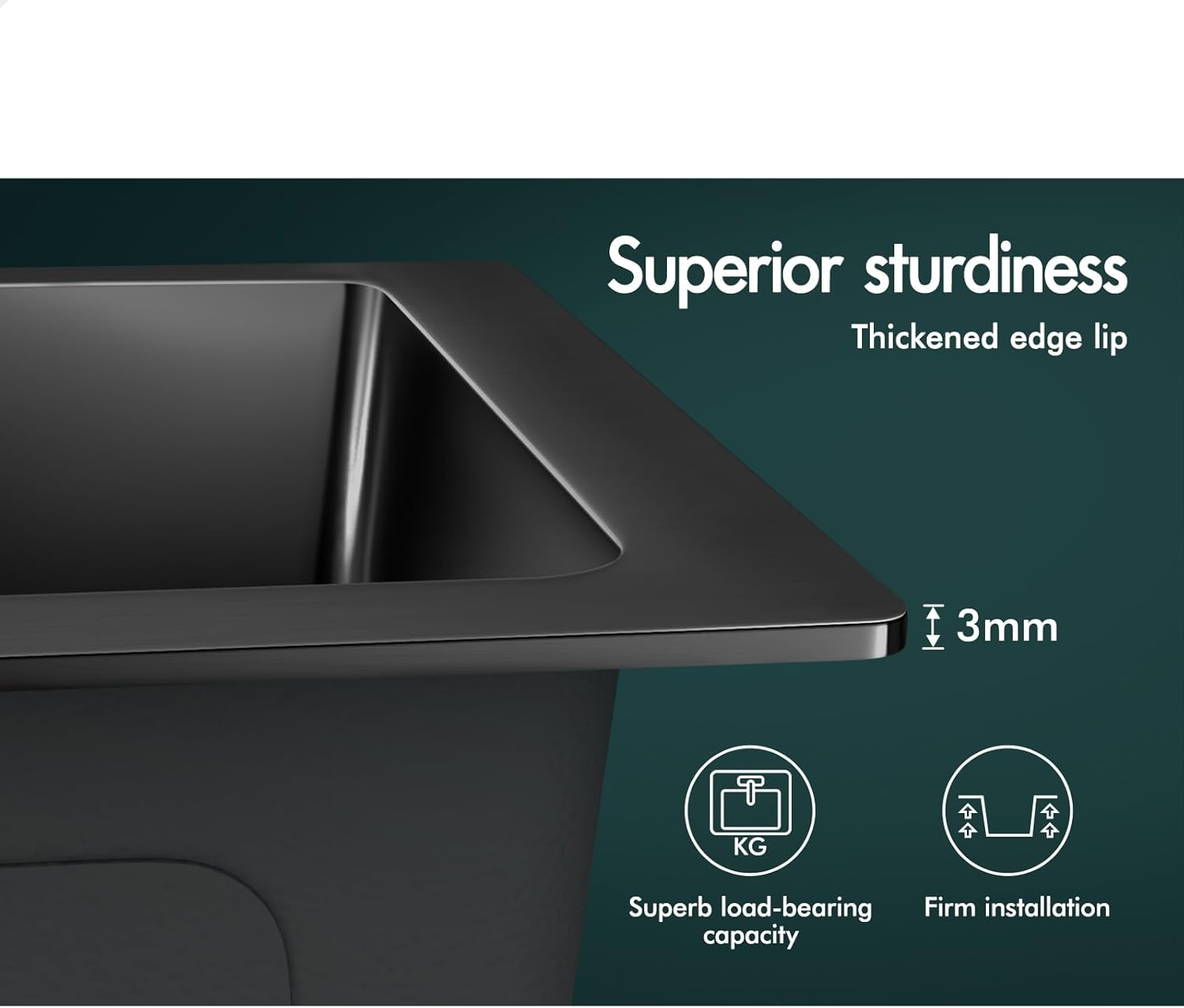 ALFORDSON 304 Stainless Steel Kitchen Sink Square Shape, 440 X 440 X 205Mm, Water Basin Sinks with 3Mm Thick Edge, Single Spacious Bowl with Waste Strainer, Dishwashing Workstation, Black Colour image number 3