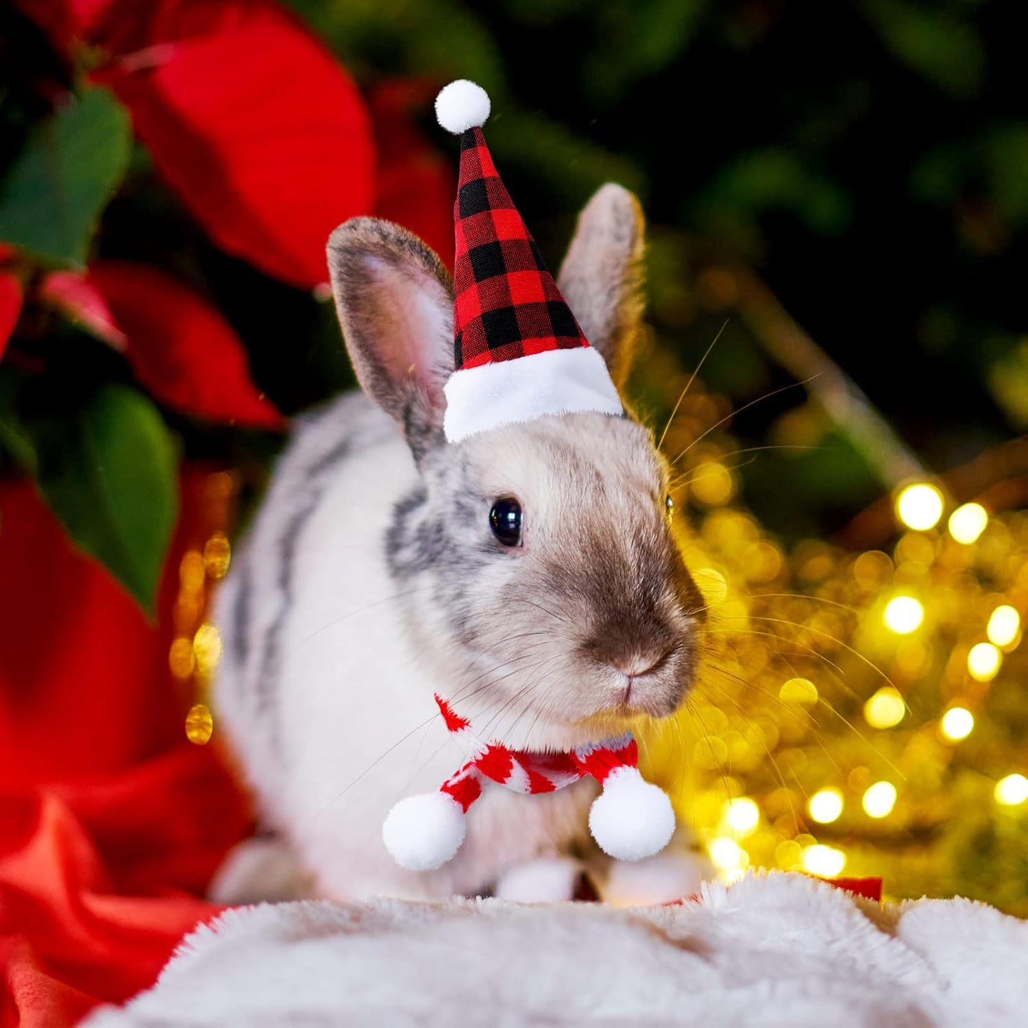 12 Pieces Small Animal Christmas Costume Mini Santa Hat and Scarf Xmas Guinea Pig Adjustable Warm Stripe Knit Scarf and Buffalo Plaid Hat for Rabbit Hamster Guinea Pig Bunny Chinchilla Small Pets image number 6