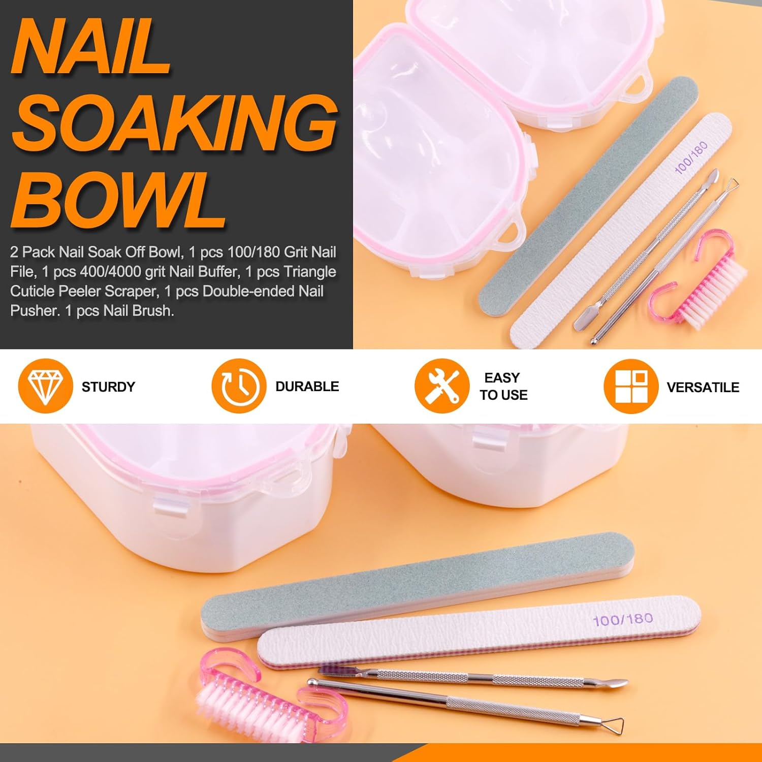 Rustark 7Pcs Gel Nail Remover Tools Kit Includes Pink Nail Soaking Bowl, Cuticle Pusher, Scraper, Nail Files, Buffer Block, Nail Dust Brush, Soak off Gel Nail Bowl Polish Dip Powder Remover Kit