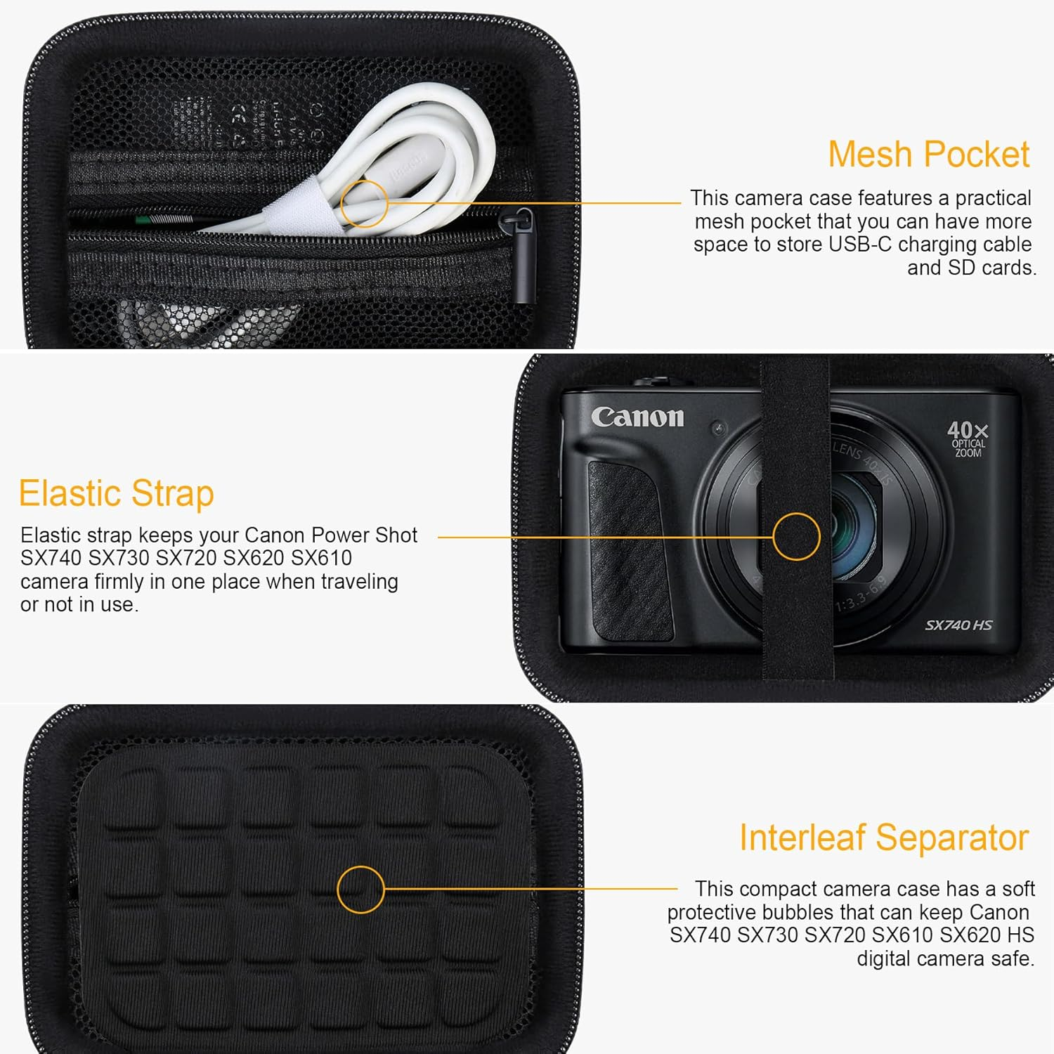 RAIALL Camera Case for Canon Powershot SX740/ SX730/ SX720/ SX710/ SX610/ SX260/ ELPH 360 HS Digital Camera, Vlogging Cameras Travel Bag, Mesh Pocket for Batteries, SD Cards and USB Cable, Black image number 3