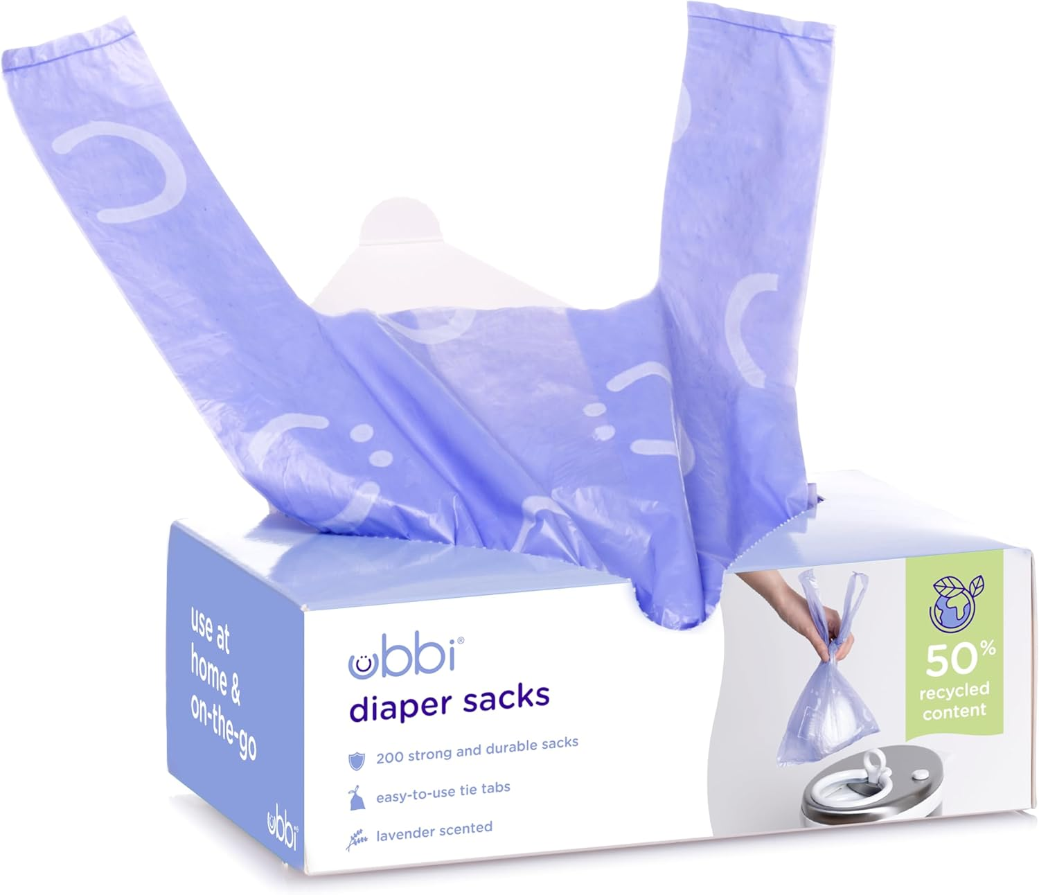 Ubbi Disposable Diaper Sacks, Lavender Scented, Easy-To-Tie Tabs, Made with Recycled Material, to Use at Home or On-The-Go, 400 Counts