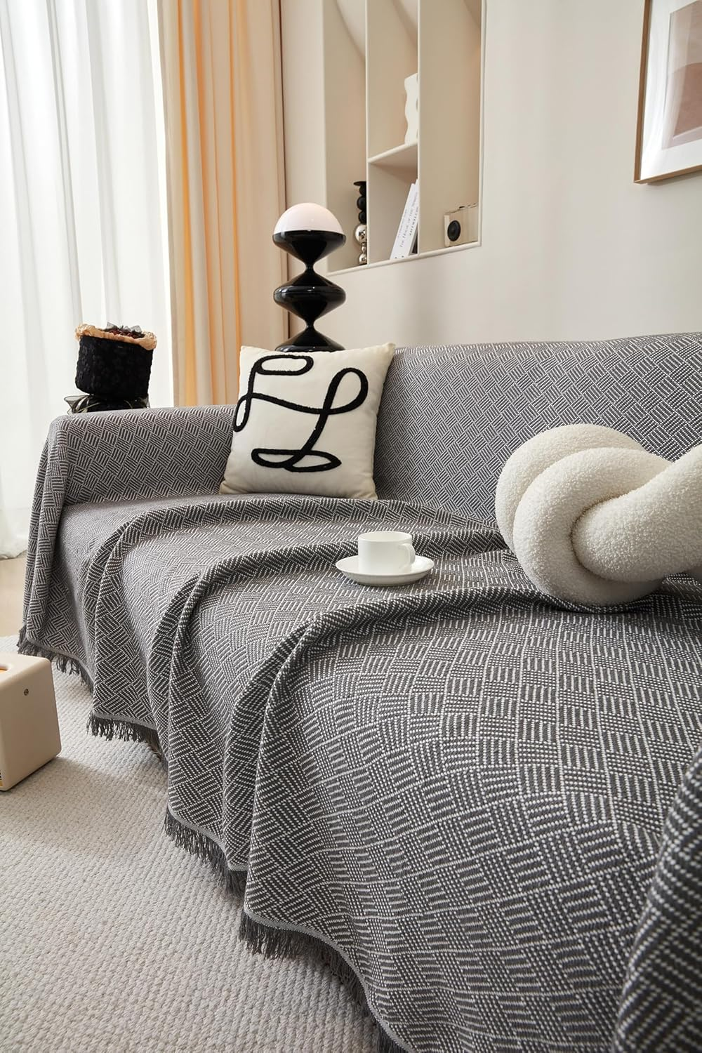 Sofa Cover Blanket, L Shape Sectional Couch Covers Protector (NOT for Dog Cat Pet) Weaved (Grey, 180X300Cm/71X118) image number 3